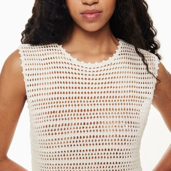 Aritzia WILFRED Peek Crochet Knit Fisherman Crewneck Light Birch Tank Top Size S - Picture 3 of 12